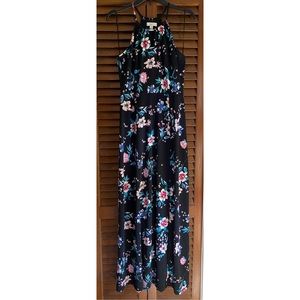 EUC Candie’s Black Halter/High Neck Keyhole Floral Maxi Dress With Double Slits